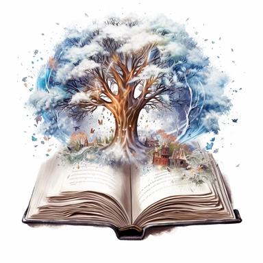 an old brown open book with flimsy pages and a winter fantasy world coming out of it above the book, in the style of clipart fantasy, white background, snowflakes and a huge snowy tree, fluid formation, realistic watercolor paintings, dreamlike installations, detailed world-building, highly detailed foliage