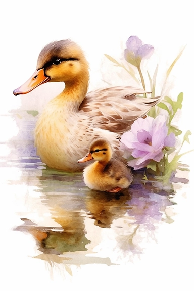 Adorable mother and baby duck, lake, countryside, pastel colours, ornamental watercolor clipart, white background, I can’t believe how beautiful this is