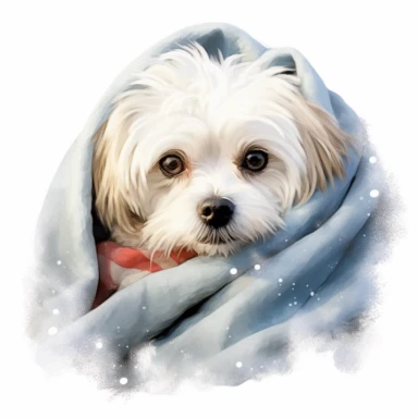 A heartwarming image of a Maltese dog snuggled up in a cozy blanket, with a gentle expression and twinkling eyes, evoking a sense of warmth and companionship, with a white background and watercolor clipart.