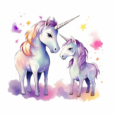 A super-cute unicorns, Perfect for nursery art and children's book illustration style, simple, cute, full color, clipart, watercolor illustration, single object, white background for removing background