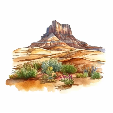 Hyperrealistic watercolor mesa and butte clipart in desert with some small shrubs in sight