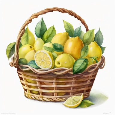 Watercolor one lemon basket Clipart, citrus lemon, vibrant color, high details, white background, no text