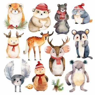 Cute Christmas animals, such as reindeer, penguins, polar bears, and owls, in festive outfits and accessories, watercolor png clipart on a white background