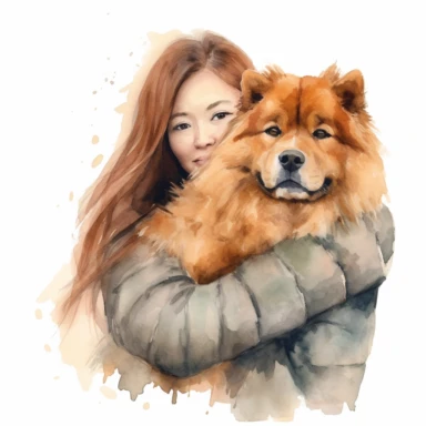 high detailed, Hand drawn watercolor clipart of a cute Chow Chow hugged by a woman, on a white background