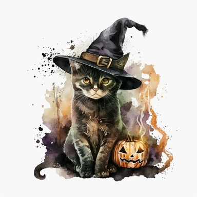cute scary halloween cat watercolor clipart with witch hat high quality many details white background