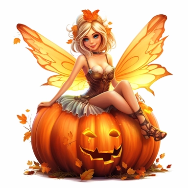 a beautiful smiling fairy girl sitting on a happy big jackolantern pumpkin in a pumpkin patch, highly detailed dress, big fairy wings, pixar style, full body image, clipart, white background