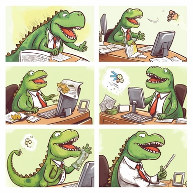 Design a clipart set that depicts a dinosaur excitedly doing office work in a cubicle while wearing a suit. Add images of the dinosaur typing on a computer, filling out paperwork, on the phone, or writing with a pen. Include his expressions and body language showing excitement, interest, and engagement in his work. Make sure the environment looks mundane, including his desk, office equipment, and other elements related to regular office space, with an unusual setup of a dinosaur as the employee.