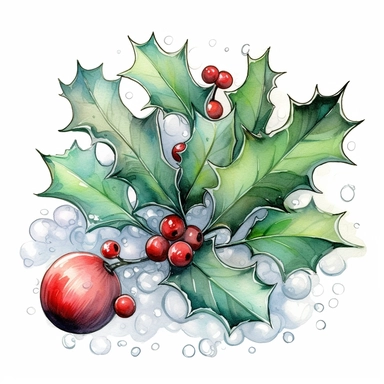Holly and Baubles Christmas style by Lucy Fleming, watercolor, smooth gradients, black contour outline, ultra detailed, clipart elements, delicate pastel colors, solid white background, super clear, high quality