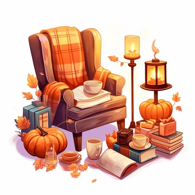 A fall setting with a cozy chair, pumpkin spice latte, books, candles and thematic assets. On white background, golden hour, pixel art , style by Lucy Fleming, watercolor, smooth gradients, black contour outline, ultra detailed, clipart elements, delicate pastel colors, solid white background, super clear, high quality