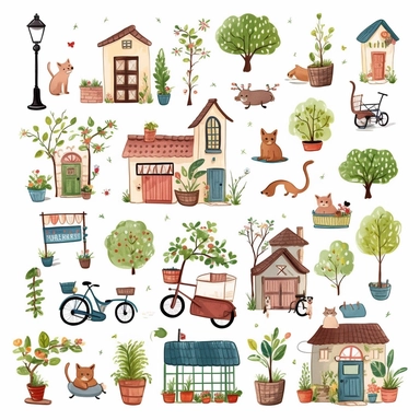 cute small houses, garden flowers and trees,cat, dog,bench, flower pots, fench,bycycle, house keys,postbox,birds,cute bettle car,outdoor lamps cliparts in hand drawn vector illustration on white background.
