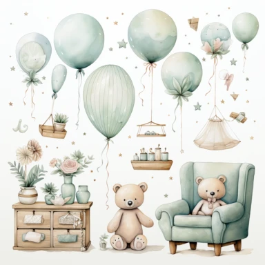 watercolour, baby theme, clipart, soft and muted pastel nuances, white background