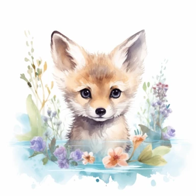 Baby Jackal swimming watercolor Clipart, floral, white background, cute