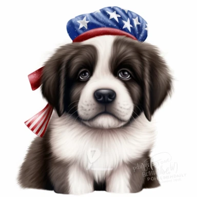 digital clipart, solid white background, a Newfoundland realistic cute happy little puppy wearing 4th July clothes and accessories