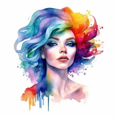 a beautiful woman princess with rainbow hair. white background. clipart. watercolour.