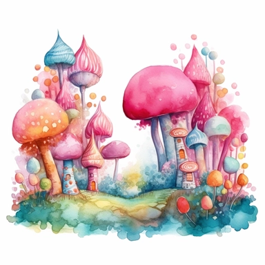 Fairytale style beautifull candy forest in the candyland with watercolor effect,candyland scene,candies,fantasy style,realistic features,vibrant colors,suitable for digital clipart,white background