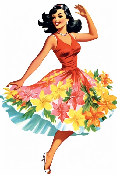 a woman hawaiian doing a luau on a beach, retro cartoon, drawing clipart, Tropical Sublimation, Coconut Girl, Hibiscus, white background