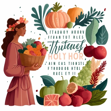An illustration of a woman holding a Bible and a basket of fresh fruits, with a quote about the importance of nourishing the body and soul with healthy, plant-based foods CLIPART.