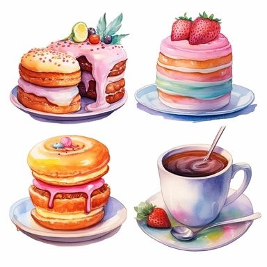 Watercolor style, rainbow colour, cake, pie, coffee, donuts and florals variations, hyper realistic detailed clipart, 4 on a page, on a white background