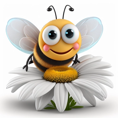 cartoon type of happy bee on top and separate from a white daisy flower clipart white background