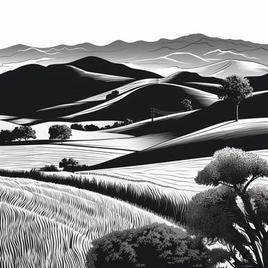 California hills, Orcutt, vector graphic design, clip art design, stylistic vector design, black and white, a reimagined coors banquet design, low details, heavy shadow, contrast, clean, crisp, retro, 2 tone
