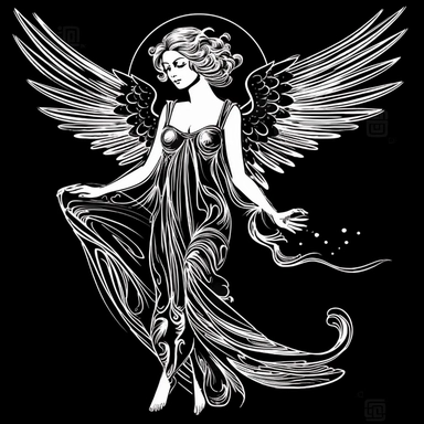 sketch clipart of 20s poster angel, hd, white on black background, spaced out,--ar 3:2