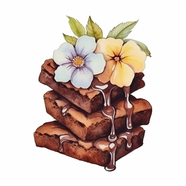 chocolate brownies with flower, cliparts,watercolor illustration, white background for removing background