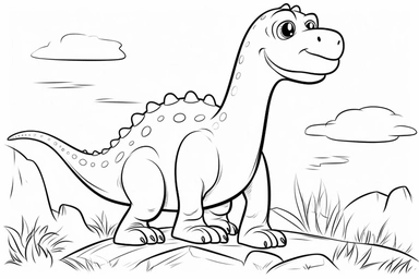 very simple and young colouring in activity sheet for pre-schoolers, black and white, outline lines only, allow areas for clouring in, clipart of Diplodocus dinosaur style of pixar animation