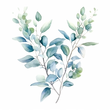 a watercolor eucalyptus branch, in the style of corner border art, clipart, green with light blue accents, white background