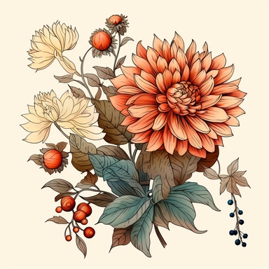 retro illustration of fall dahlias berries and twigs flowers and art nouveau details, professional clipart, soft boho color palette, inspired by sailor jerry tattoos, epic composition on white background, 8k