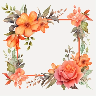 watercolor, Pretty flower decoration frame square png Full body realistic cartoon in 32K UHD cute. 15 cm thick outline. Black color. There was no shadow on the ground. 8k with realistic watercolors and detailed illustrations. PNG clipart, transparent white background