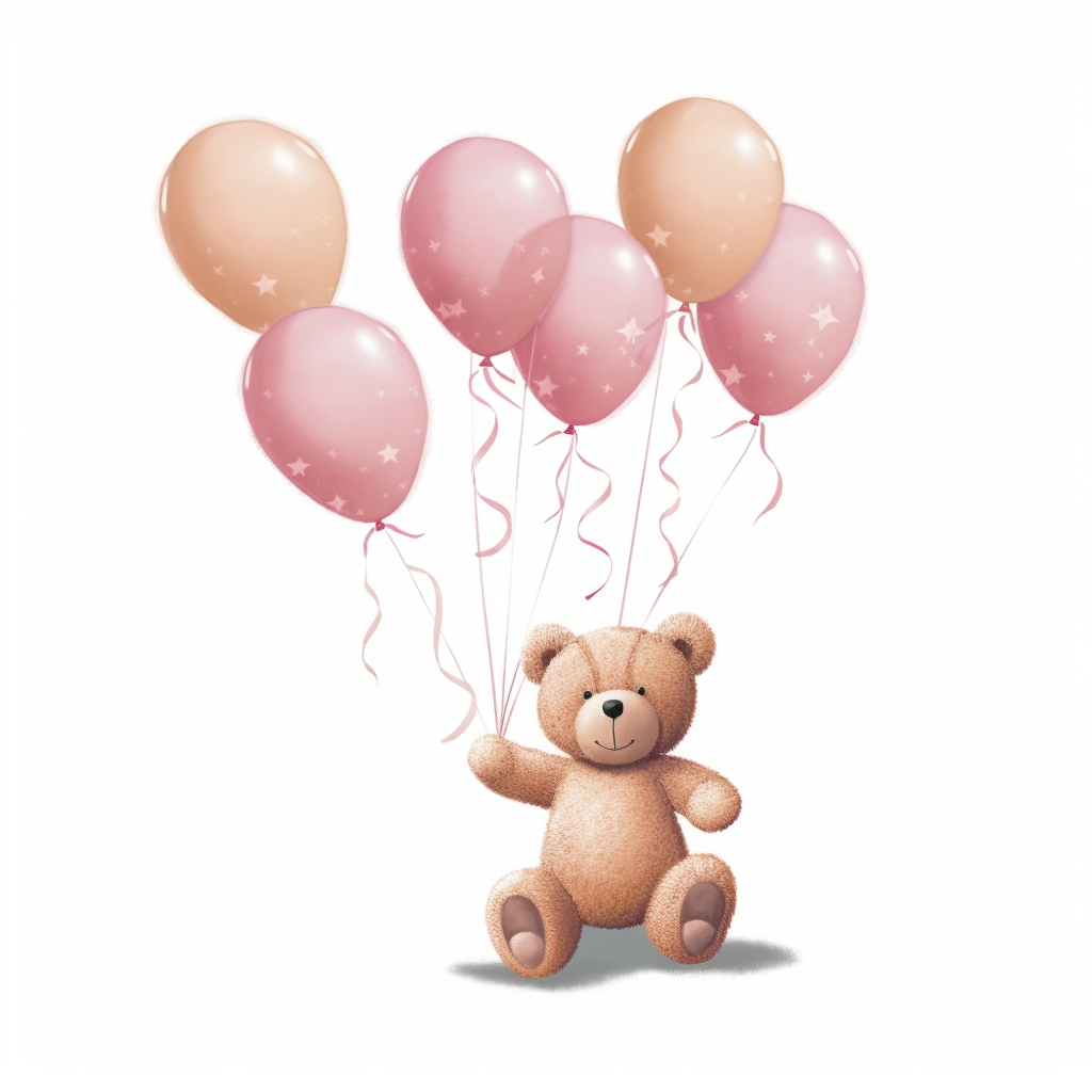 Floating Teddy Bear holding onto 5 pink balloons. Whole body. Nursery ...