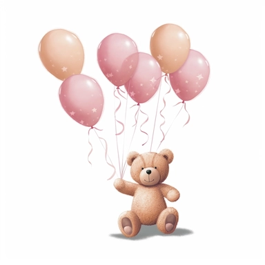 Floating Teddy Bear holding onto 5 pink balloons. Whole body. Nursery. White background with a few Pink stars. Clipart