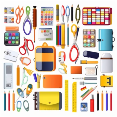 Pencil Case and Stationery Supplies Clipart, white background