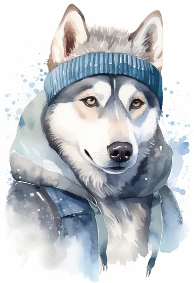 watercolour of a Siberian Husky wearing a high-neck sweater with a geometric pattern in shades of grey and blue, Complete the look with a wool beanie and a matching scarf, clipart, colourful, pastel color, watercolour, single sheet