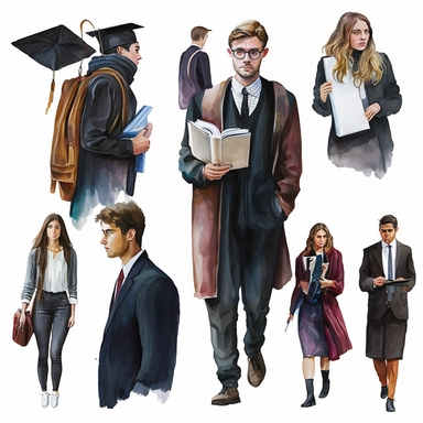 Dark academic people, white background, watercolor, hyperrealism, high detail, separate elements, set, clipart