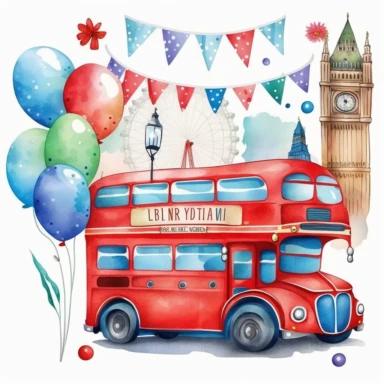 a pixar cartoon red double decker bus with rounded edges, background has tower bridge, London Eye, red blue birthday balloons an buntings, Etsy watercolor clipart svg white background