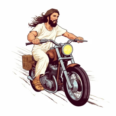 Jesus Christ Is Riding Motorcycle clipart, Cartoon, hyper realistic, intricate detail, illustration style,high solution,on the white background