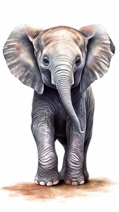 worlds cutest, adorable, realistic, life like image of a baby elephant with his trunk raised in the air, watercolor clip art, white background ,artist rendition, sharp focus, extreme detail,