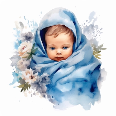 an ultra cute baby boy wrapped in a blue blanket, flower bomb, summer, Watercolor white background clipart