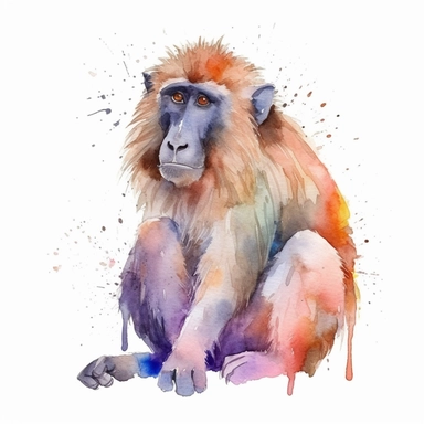 watercolor clipart of a funny baboon, vivid colors, white background