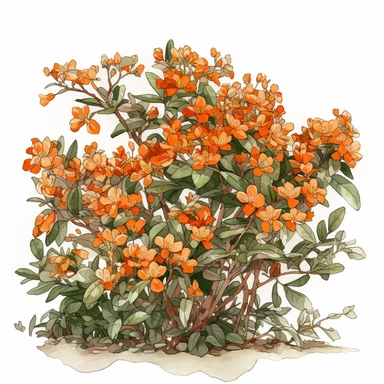 watercolor, hyper realistic, white background, white margins, 16k, ultra detailed clipart, cut out image, hand-drawn, whimsical manhwa style, ultra HD, sharp and clean art flower bush with captivating orange blossoms. Incorporate warm tones such as tangerine, coral, and burnt orange, evoking the beautiful hues of a summer sunset.