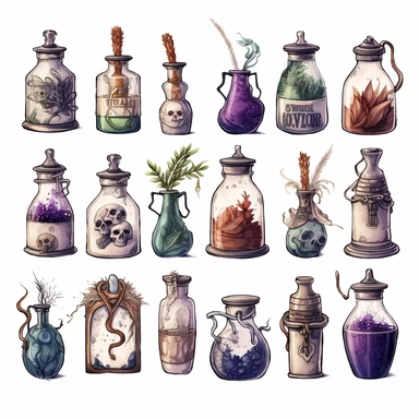 Witches inventory, witchcraft, labels, flasks, elixir, illustrated clipart, minimalist, isolated white background, 8k