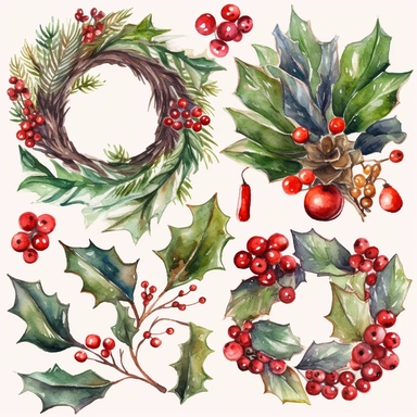 Design a collection of watercolor clipart images featuring classic Christmas symbols such as wreaths, holly, mistletoe, and pine cones. The images should have a traditional, festive feel with clear lines and rich, vibrant hues. The clipart should be perfect for use in traditional Christmas card designs and other similar projects.