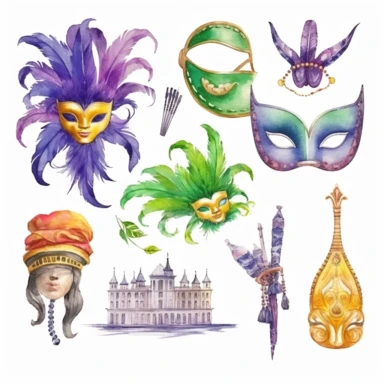 Watercolor Mardi Gras New Orleans, clipart, isolated on white background