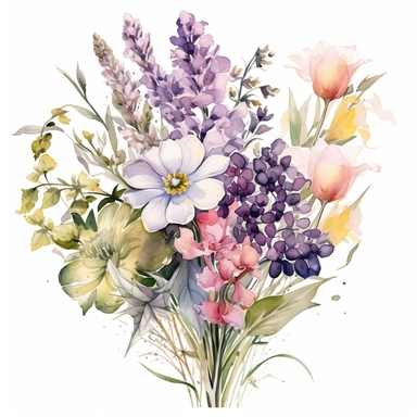 Watercolour sketch, wildflowers bouquet, curling and ornate, clipart, white background, pastel palette, washed out colour, pale colours, naturecore, bloomcore