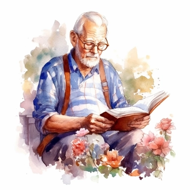 beautiful grandfather reading Fantasy book , clipart watercolor