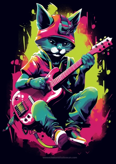 Stylized vector graphic illustration of a Tshirt features Design, clipart concept, An anthropomorphic humanoid, A Rainbow Pantone Kittens Male character with the ability to control and morph from energy IN Swoon graffiti artwork and graffiti design, FULL BODY, Playing the GUITAR, Wearing clothes Hiphop STYLE, Contour Drawing with Fine Line Artwork, Intricate Detailed by H. R. Giger, Focused on the character, Clear visuals, Highest Resolution 3D Adobe Illustrator file Eps format, Style of photo-r