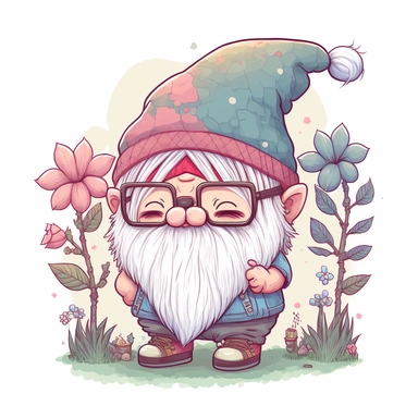 cute chibi happy gnome with big white beard, wearing spike hat, hat is covering the eyes, clipart, line art, in the style of Anni Betts + Christine Battuz, watercolor illustration style 8k, png