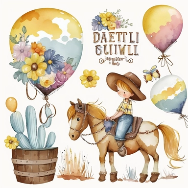 watercolor cute cartoon drawing, a garland of balloons ,pastel cute little Cowboys Clipart, sweet little girl Cowgirl Clipart, Cowboy Clip Art, Wild West Clipart, Sheriff Clipart, Western Clipart, Western Cowboy, sunflowers, a wooden cart, cute horse ridi