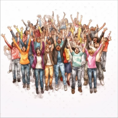 watercolor, The crowd of a happy people group, welcoming and applauding. Active fans audience with hands up standing together. Young men and women yelling at the event. png Full body realistic cartoon in 32K UHD cute. 15 cm thick outline. Black color. There was no shadow on the ground. 8k with realistic watercolors and detailed illustrations. PNG clipart, transparent white background